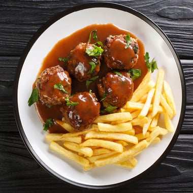 Angel Bay meatballs chips gravy