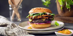 Angel Bay burger patty in delicious burger with condiment