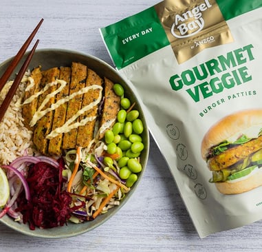 Veggie Poke Bowl using Angel Bay Gourmet Veggie Burger Patties