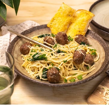 Garlic Olive Oil Pasta with Meatballs