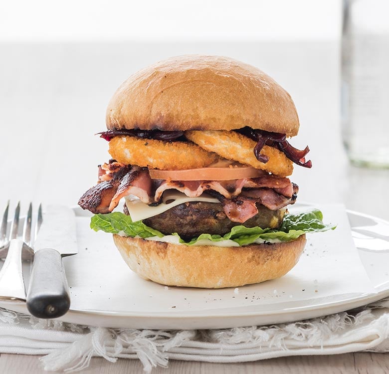 Gourmet Beef and Onion Ring Burger using Angel Bay Gourmet Beef & Cheese Patties