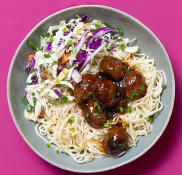 Honey Soy Meatballs with Noodles & Slaw