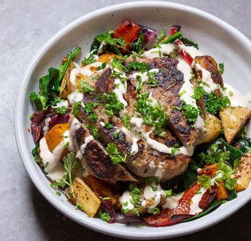 Middle Eastern Lamb Bowls with Roasted Vegetables and Tahini Dressing