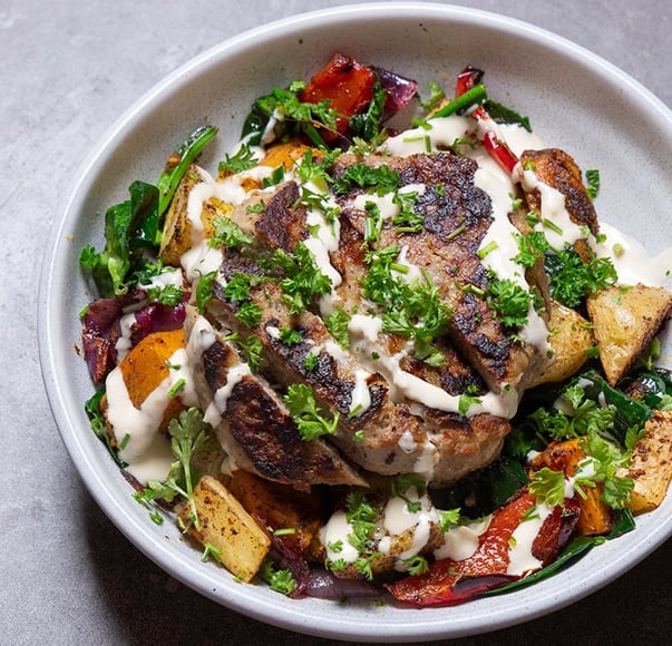 Middle Eastern Lamb Bowls with Roasted Vegetables and Tahini Dressing