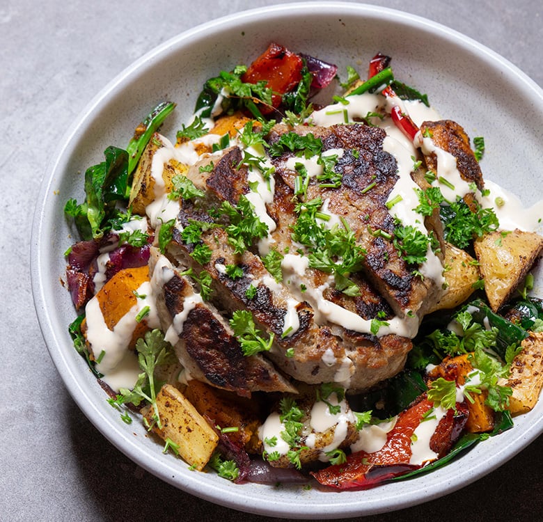 Middle Eastern Lamb Bowls with Roasted Vegetables and Tahini Dressing