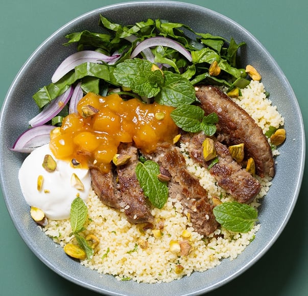Moroccan Spiced Lamb Burger Bowls with Peach and Mango Chutney