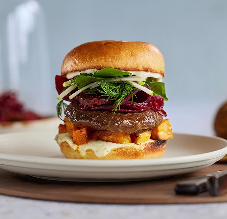 Quickled Beetroot and Blue Cheese Burger using Angel Bay Gourmet Beef Burger Patties