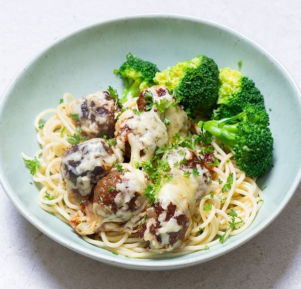 Spaghetti with Cheesy Smokey BBQ Meatballs