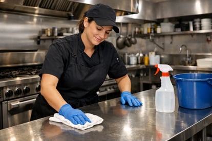 I want to see a staff cleaning the restaurant kitchen wiping down a clean surface-1
