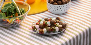 Kebabs made with Angel Bay meatballs.