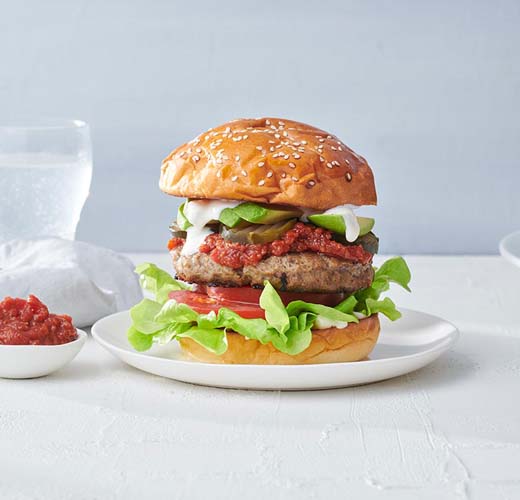 Angus Beef Burgers with Spicy Tomato Jam and Avocado using Angel Bay Premium Angus Beef Patties