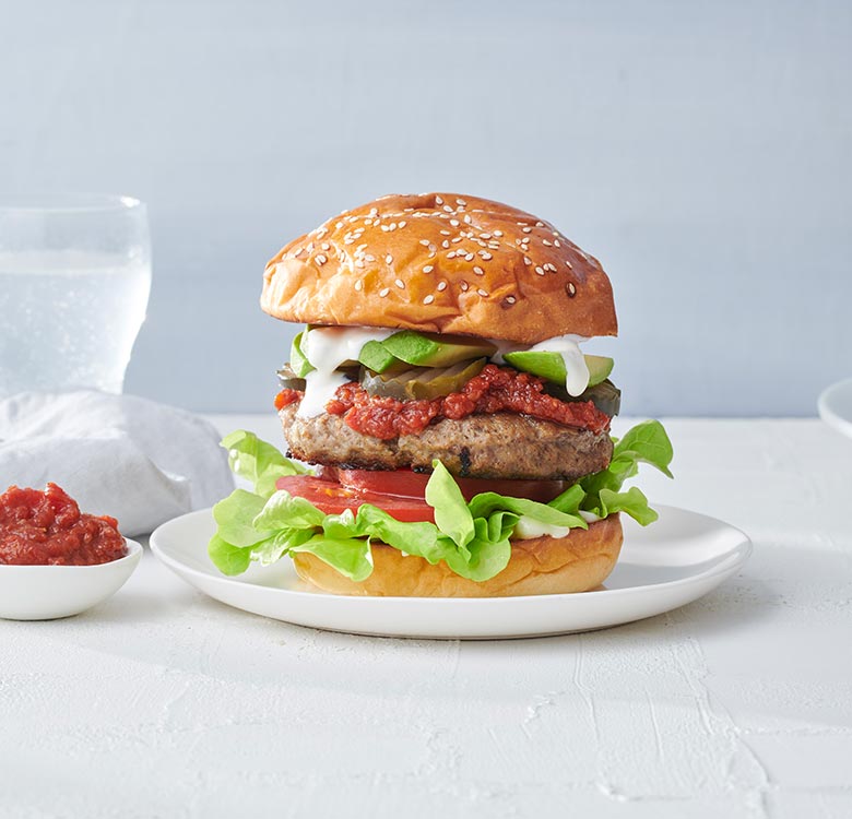 Angus Beef Burgers with Spicy Tomato Jam and Avocado