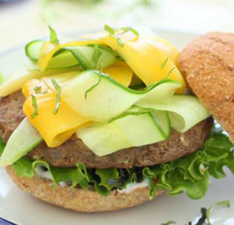 Beef Burgers with Mango and Cucumber Ribbons