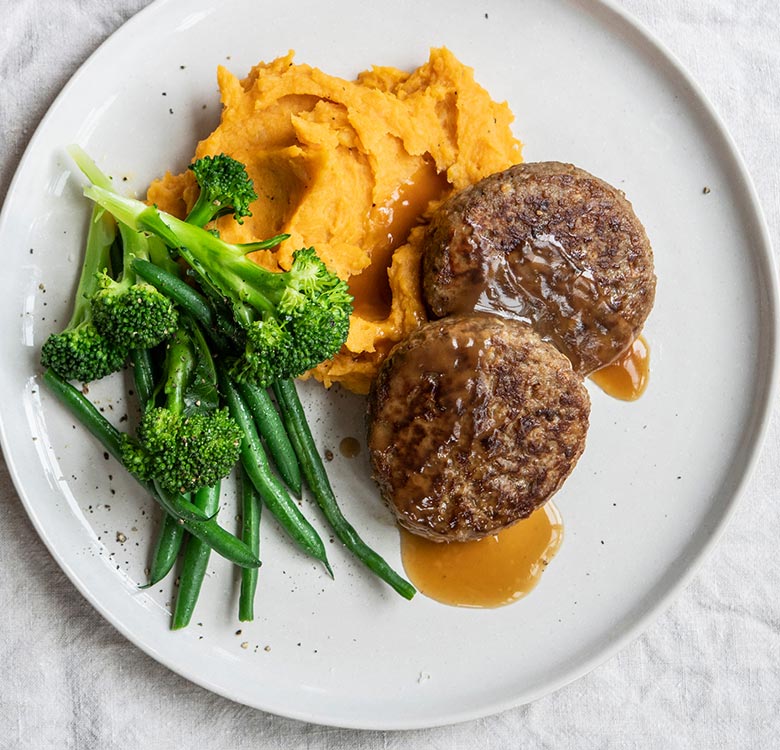 Beef Rissoles and Sweet Potato Mash using Angel Bay Gourmet Beef Rissoles