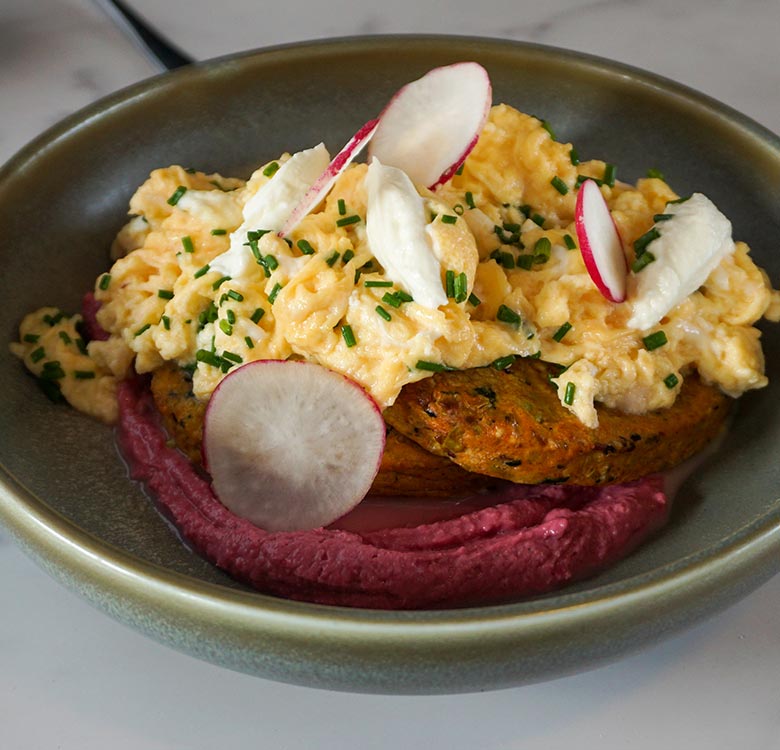 Beetroot Hummus, Veggie Patty and Ricotta Eggs