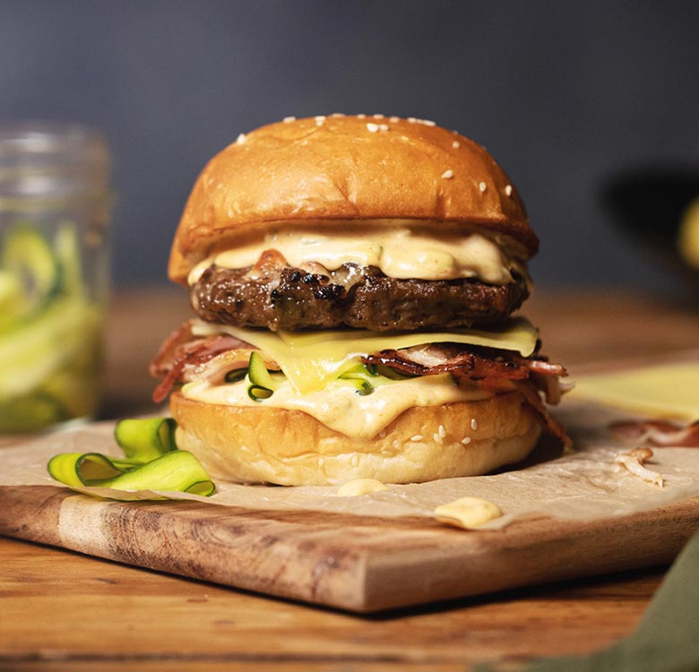Epic Double Cheese Burger using Angel Bay Smoky, Tangy & Cheesy Beef Patties