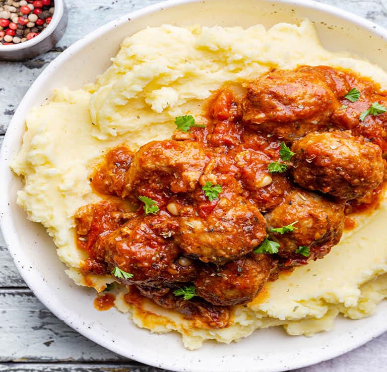 Saucy Tomato Meatballs and Mashed Potatoes