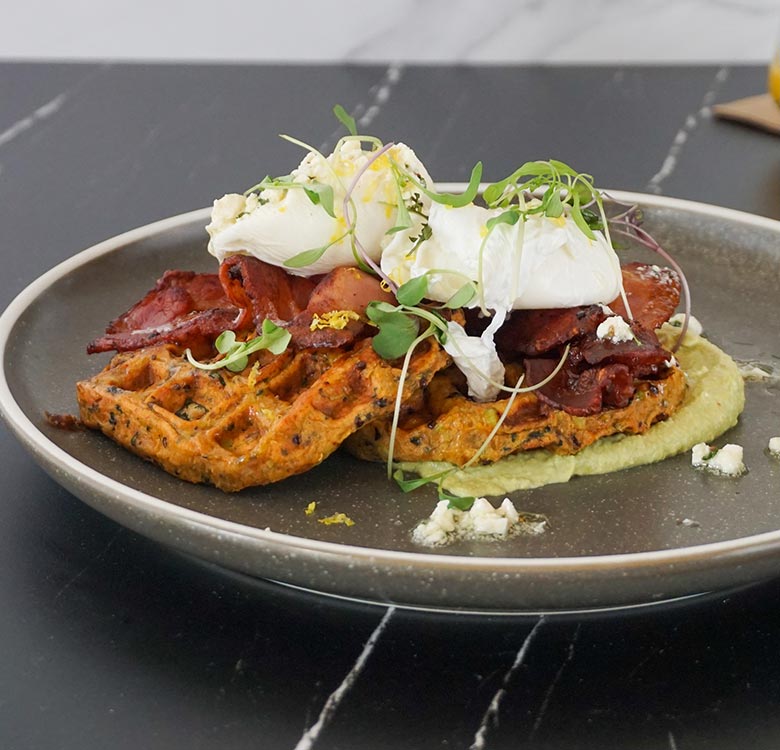 Veggie Squaffle Poached Egg Breaky Stack using Angel Bay Gourmet Veggie Burger Patties