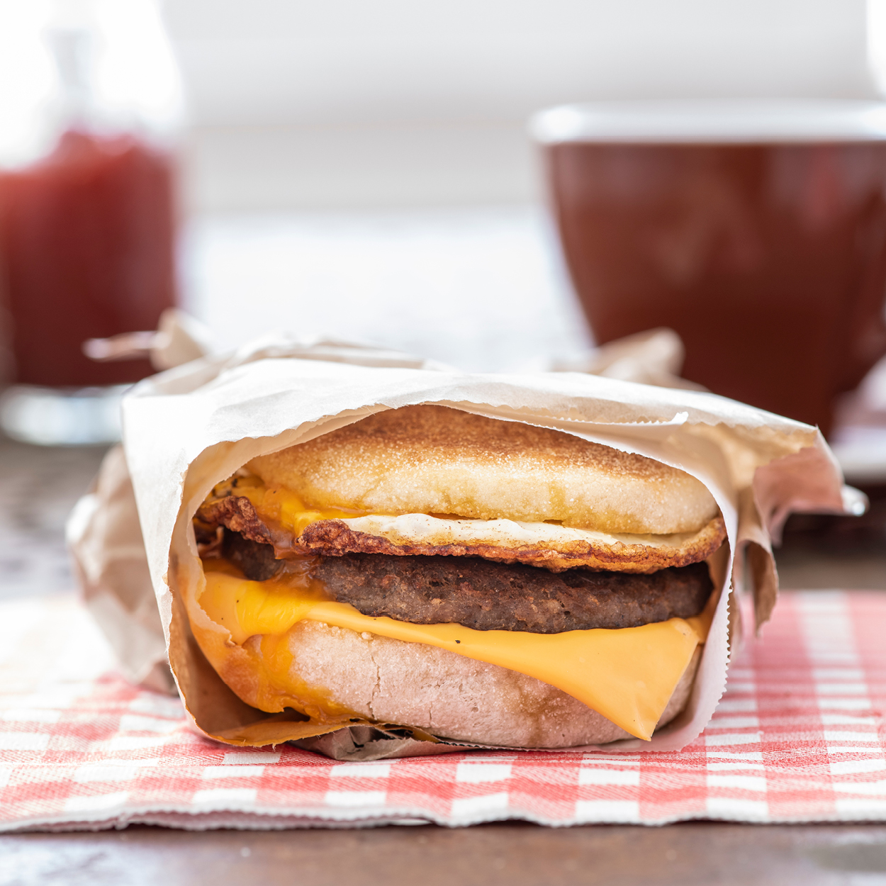 Breakfast sausage muffin with egg and cheese